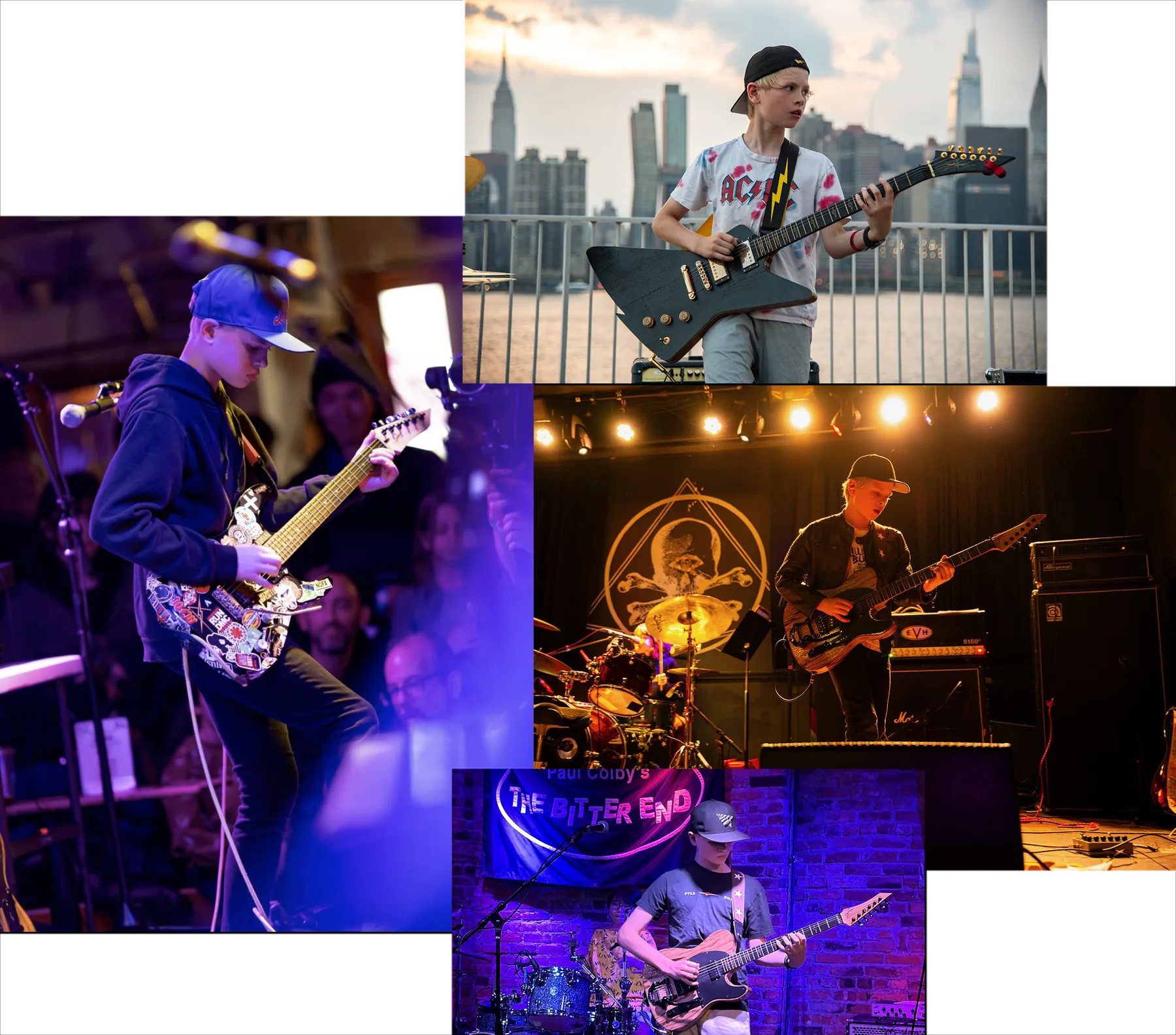 Collage of Aksel McDermott playing live at different venues, including The Bitter End in New York