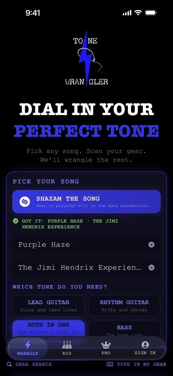Tone Wrangler home screen: Shazam the song, then pick lead, rhythm, both or bass