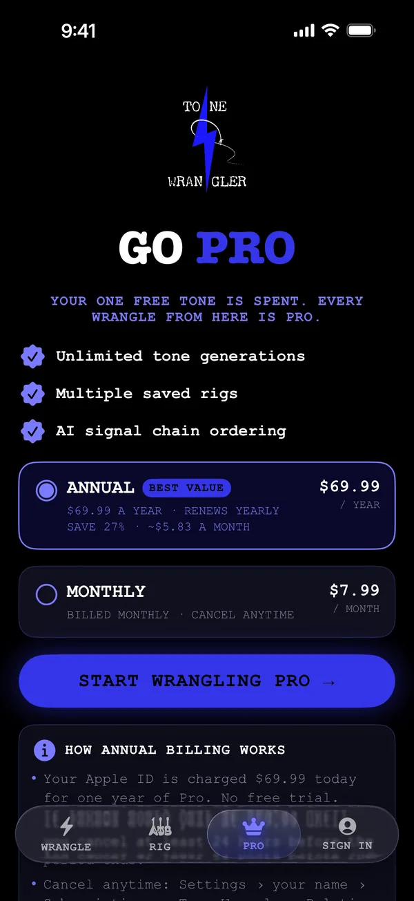 TW Pro screen in the app with annual and monthly plans